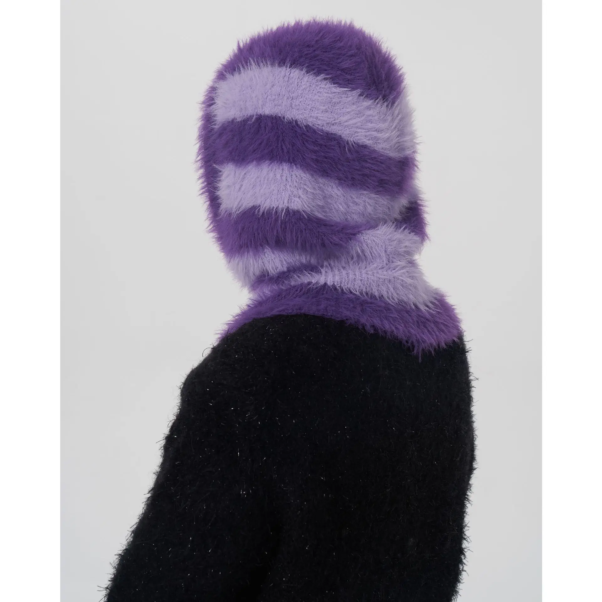 Women Winter Beanie Hats One-Piece Knit Balaclavas Stripes Imitation Mink Velvet Hats Scarf Hat 6
