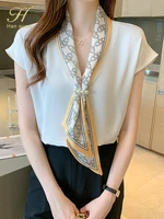 H Han Queen – chemisier en mousseline de soie pour femme, haut décontracté à lacets, Style coréen OL, tenue de bureau, ample, été 4