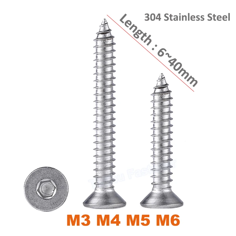 

5-40pcs/lot M3 M4 M5 M6 304 A2 Stainless Steel Hex Hexagon Socket Flat Countersunk Head Self-tapping Wood Screw DIN7991 L=6~40mm