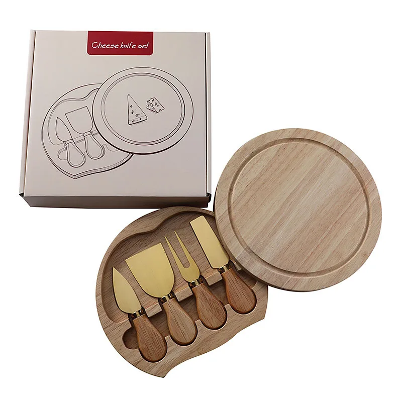 Round Oak Box 4-piece Cheese Knife Spatula Stainless Steel Cheese Tool Tableware Knife Set Gift Box