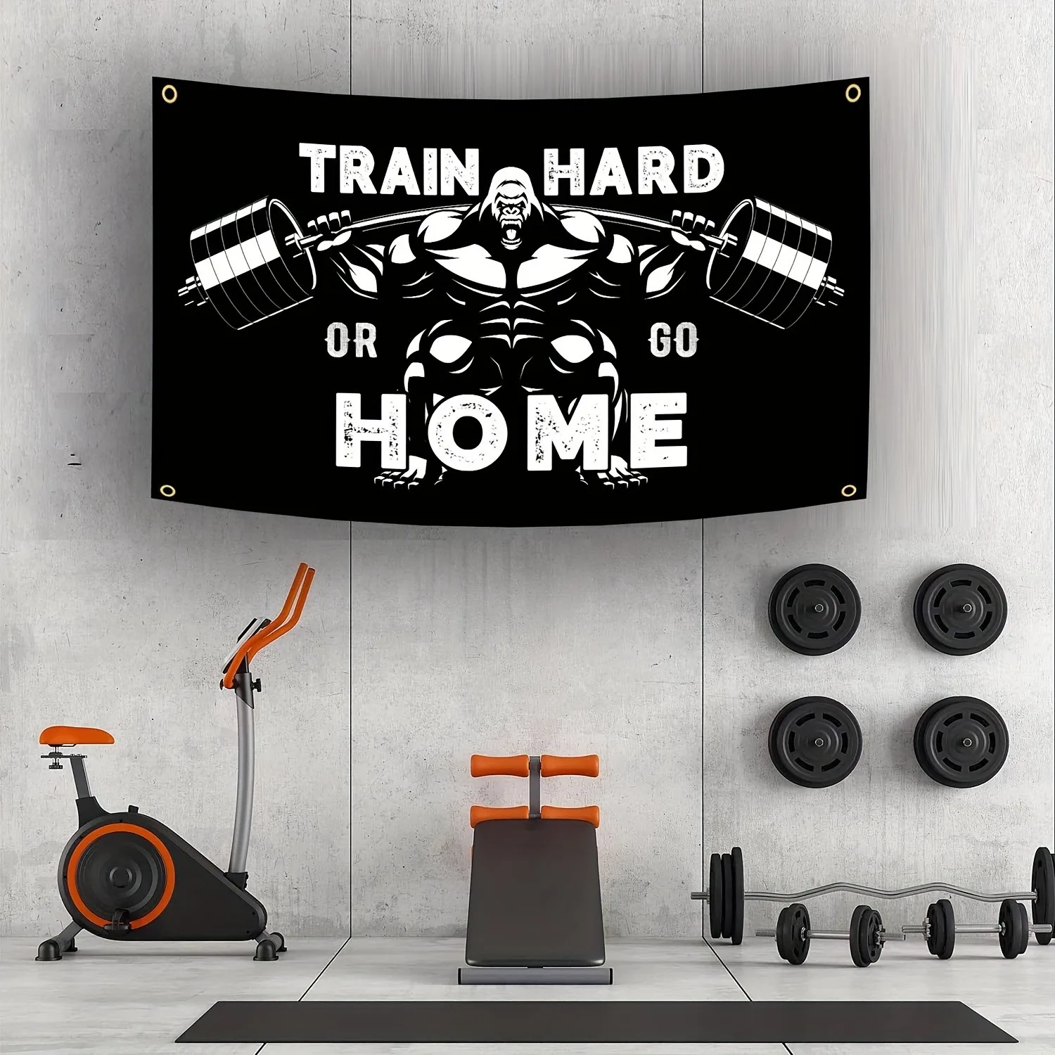 Gorilla Weightlifting Motivational Banner with Train Hard or Go Home Text - Gym Wall Decor with Grommets