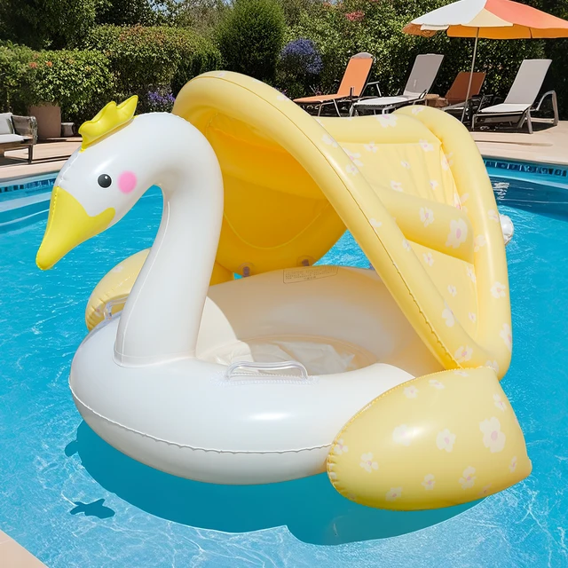 1PC upgraded Cream Swan Canopy Pool Floats Summer Swim Ring, Beach and Pool Swim Aid, Water Safety Gea Beach Toys for Pool Party 1