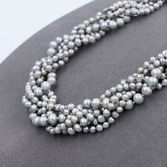 

Unique Design AA Pearl Necklace,5 Rows 4-7 MM Gray Color Wedding Bridesmaid Genuine Freshwater Pearl Jewelry,Nice Lady Gift