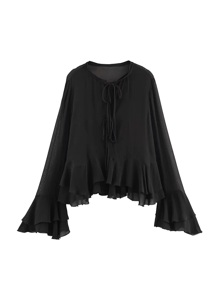 Women Chiffon Blouse 2025 Autumn New Fashion Lotus Leaf Hem With Flare Sleeve Tie  Blouse Woman Tops Lady  Loose Elegant Blouses