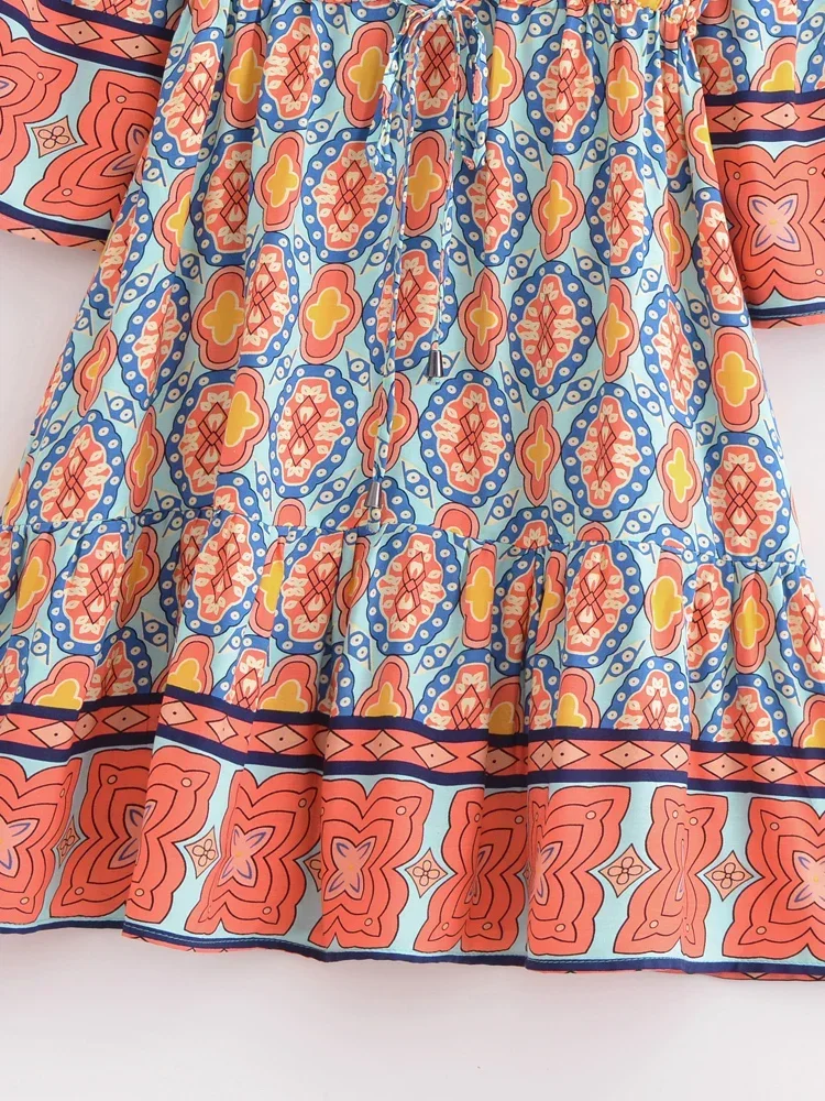 Vintage Chic Flare Sleeve Bohemian Mini Dress - Women's Summer Geometry Print