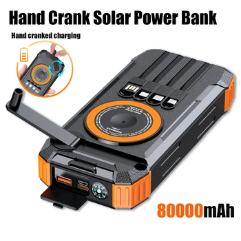 Nuovo Power Bank Solare 2026 da 80000mAh 22.5W con Ricarica Wireless Magnetica e Manovella, Caricabatterie Portatile con Cavo per Campeggio Outdoor