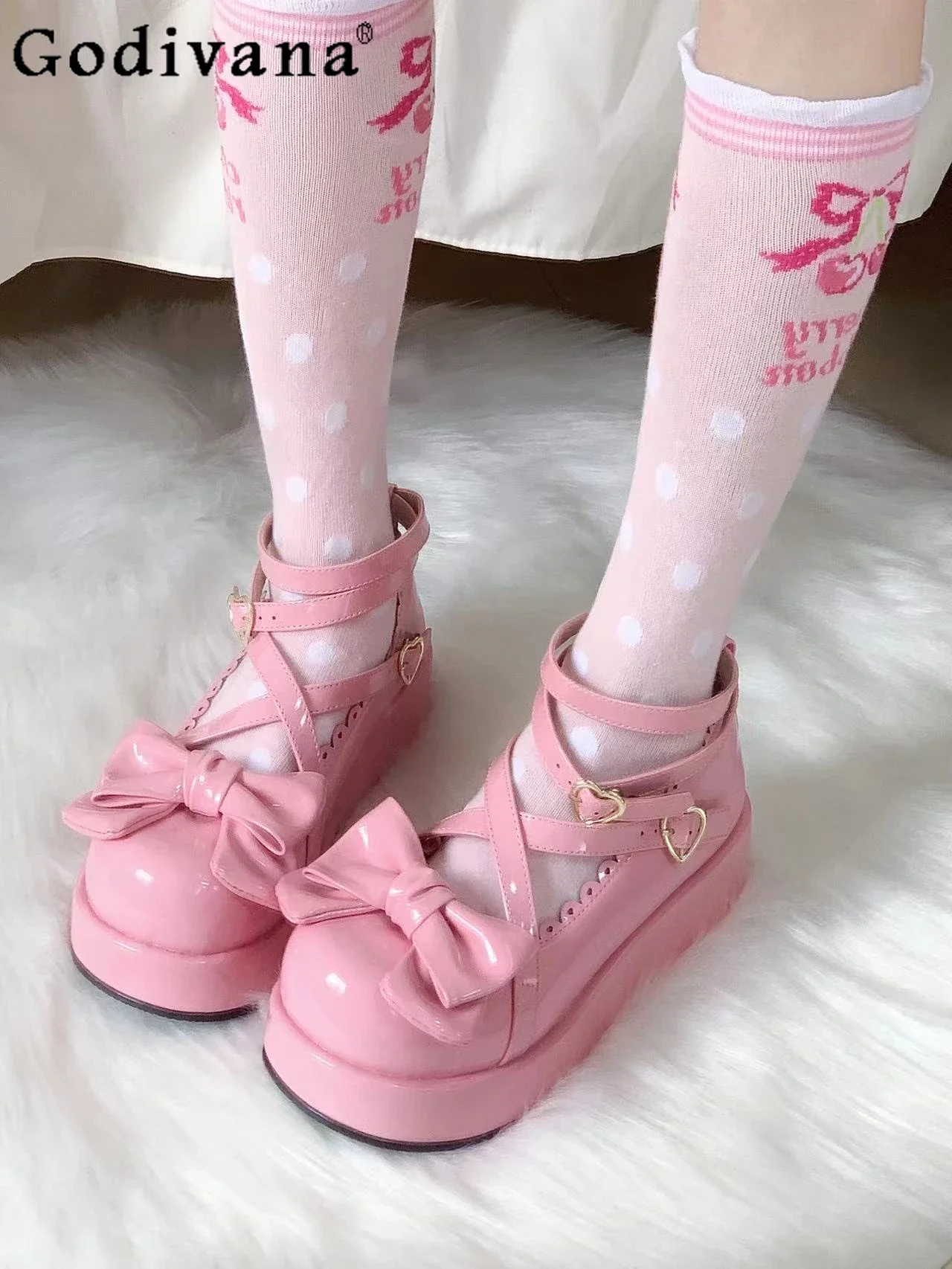 

Sweet Cute Lolita Women's Solid Color Platform High Heels Spring Fashion All-Match Cross Strap Round Toe Bowknot High Heels