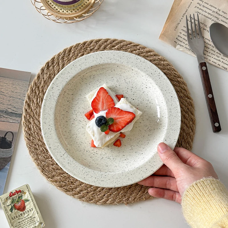 Simple Ceramic Plates Solid Sesame Dot Household Breakfast Plate New Versatile Fruit Salad Tray Exquisite Serving Dish