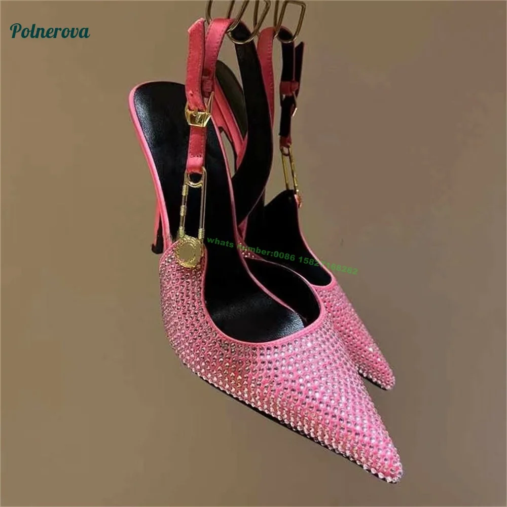 

Patent Leather Back Strap Sandals Thin Heel Pointed Toe Buckle Solid Silver Crystal Bling Sandals for Women Party Weeding Shoes