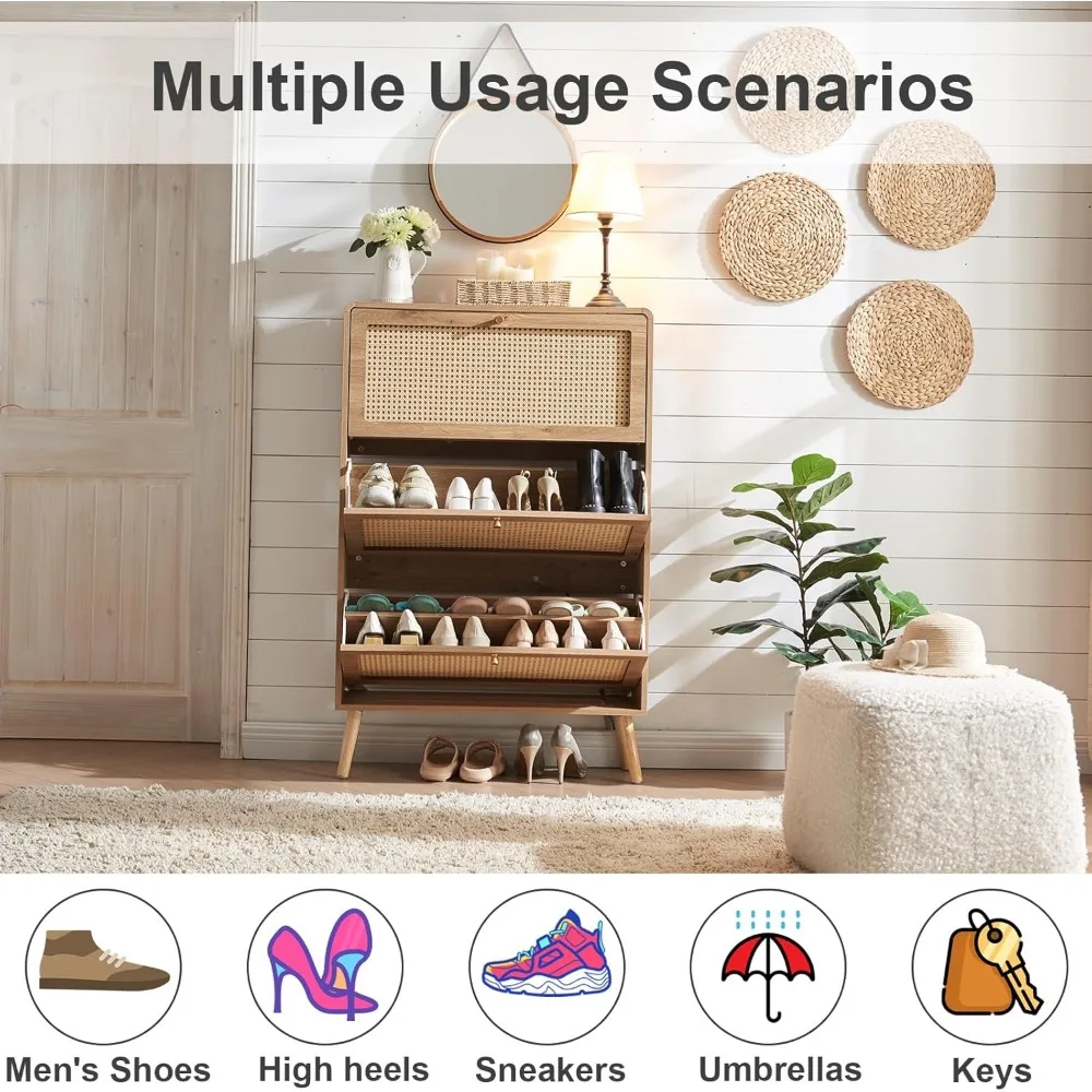 Rattan Shoe Cabinet with 3 Flip Drawers, 24 Pairs Shoe Storage Cabinet for Entryway Freestanding Hidden Shoe Rack 5