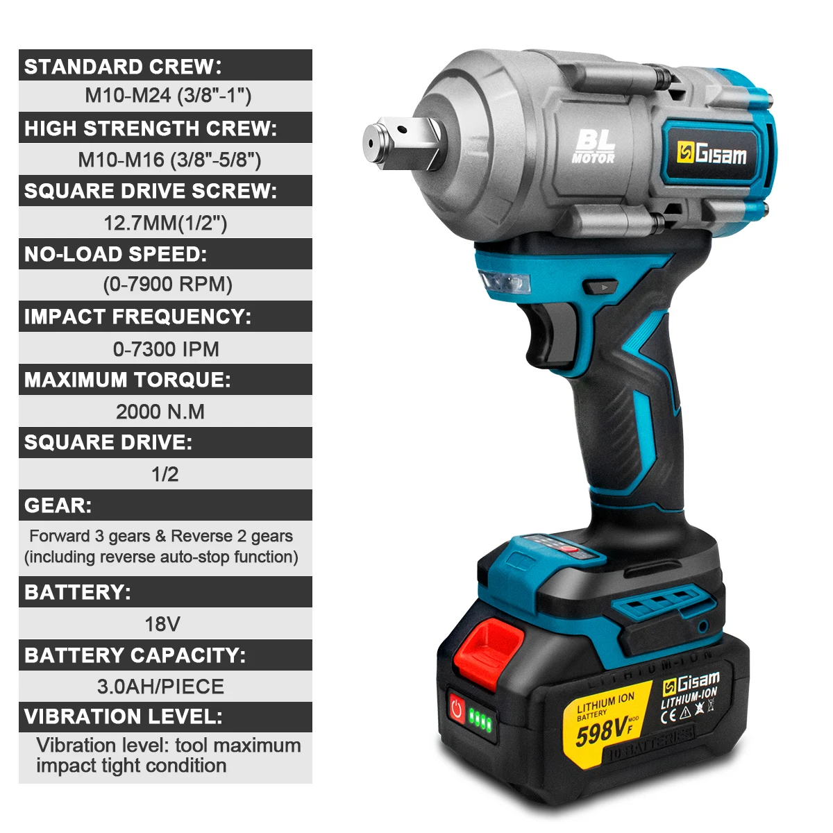 Gisam 2000N.M Torque Brushless Electric Impact Wrench 1/2 inch Screwdriver Cordless Wrench Power Tools For Makita 18V Battery 6