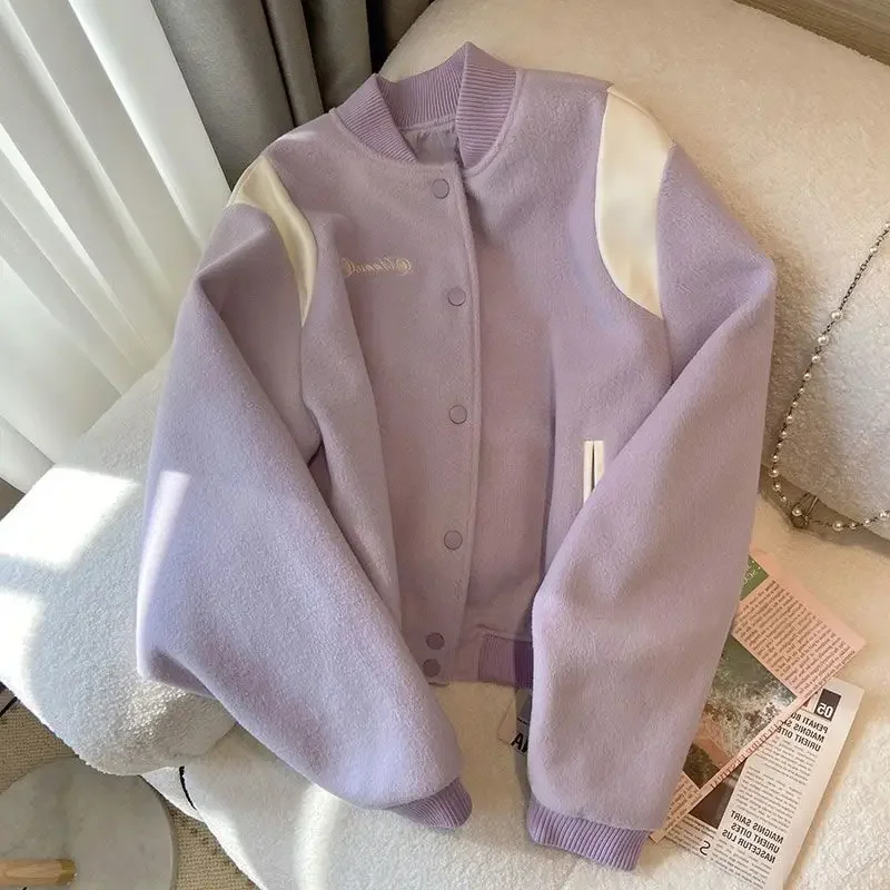 

Spring Autumn New Korean Fashion Women's Purple Baseball Uniform Thickening Harajuku Loose Jacket Short Coat Tops Clothes