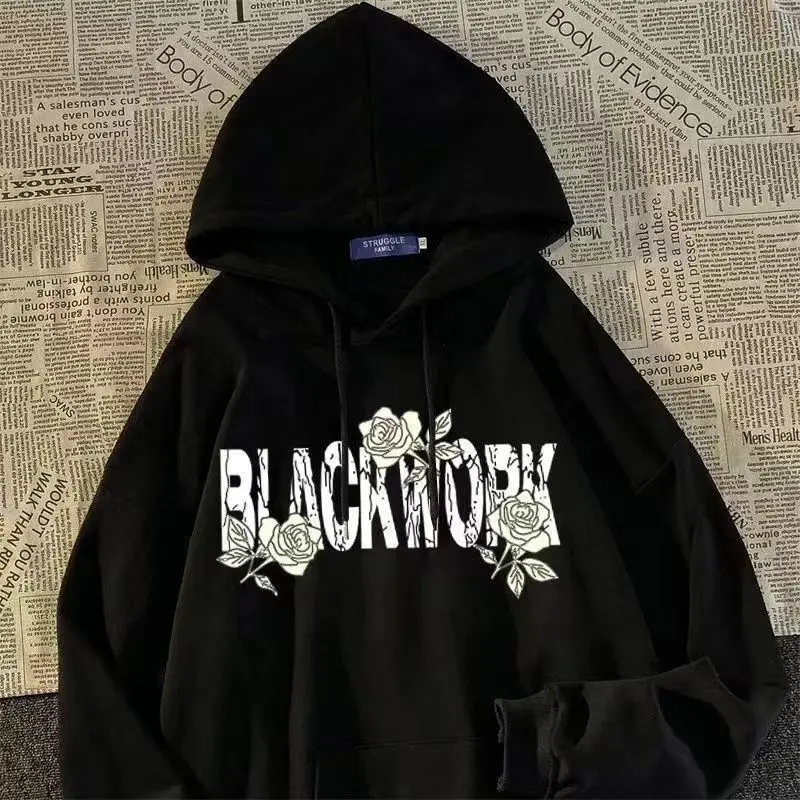 American rose cross hoodies sweater student loose plush thickened fashion couple coat y2k winter clothes women oversized hoodie