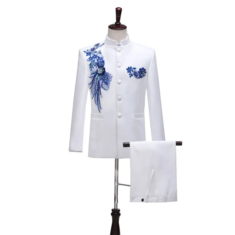 White Blazer Pants Set For Men Chinese Tunic Sequin Embroidery  Party Wedding Dress Groomsmen Slim Fit Tuxedos Male 2 Piece Suit