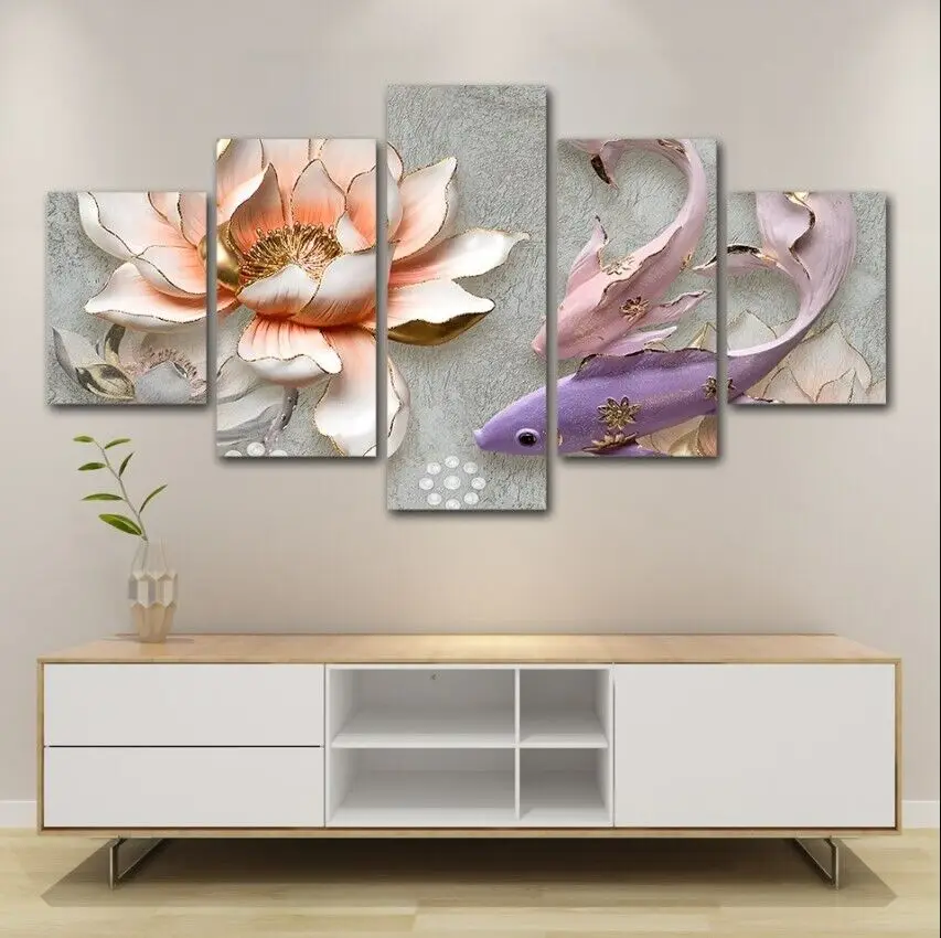 

5 Piece Abstract Gold Lotus Fish Mural Wall Art Canvas Pictures Print Posters Home Decor for Living Room Bedroom Paintings