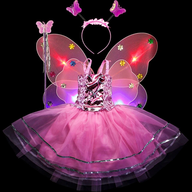 

Детский костюм феи для косплея для девочек, 4 шт., комплект, платье-пачка без рукавов со светодиодной подсветкой для бабочки, на