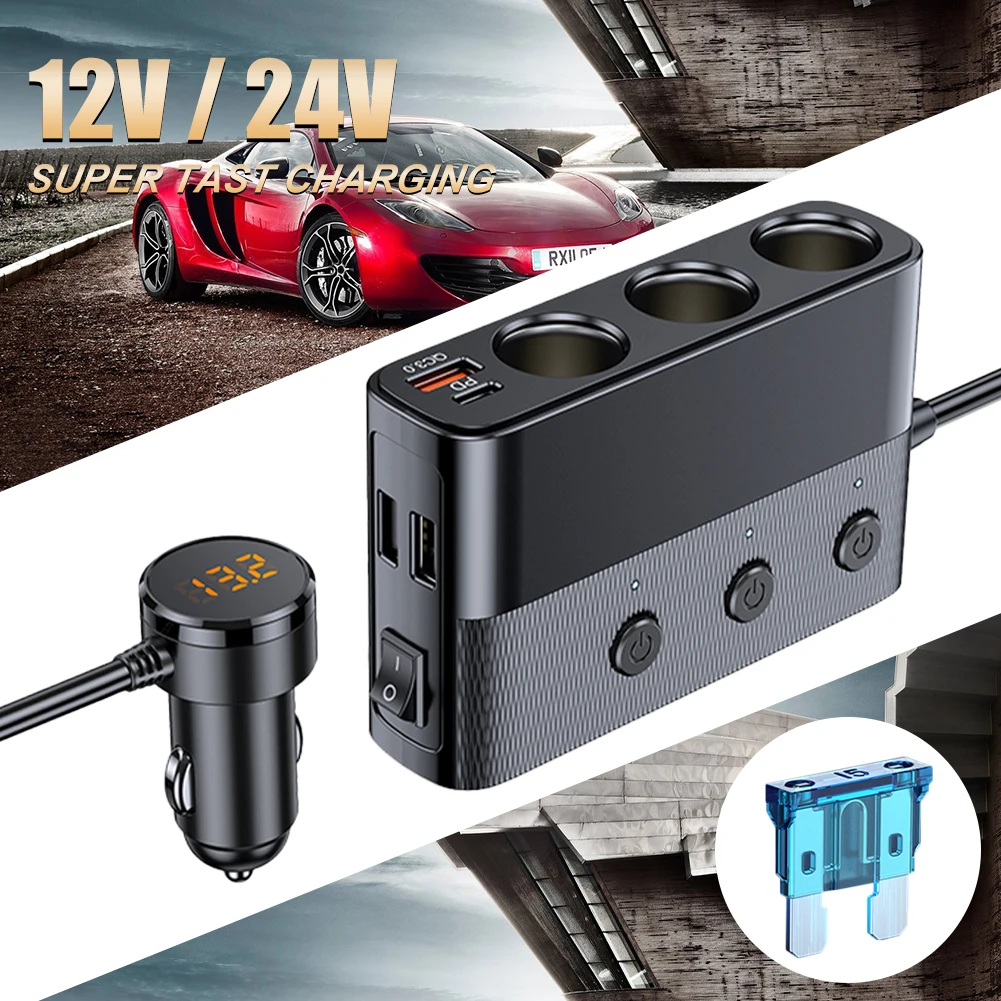 

128W 7 In 1 Car Charger 12V PD 30W QC3.0 Fast Charging Type-C Charger Adapter With Independent Switch Cigar Lighter Splitter