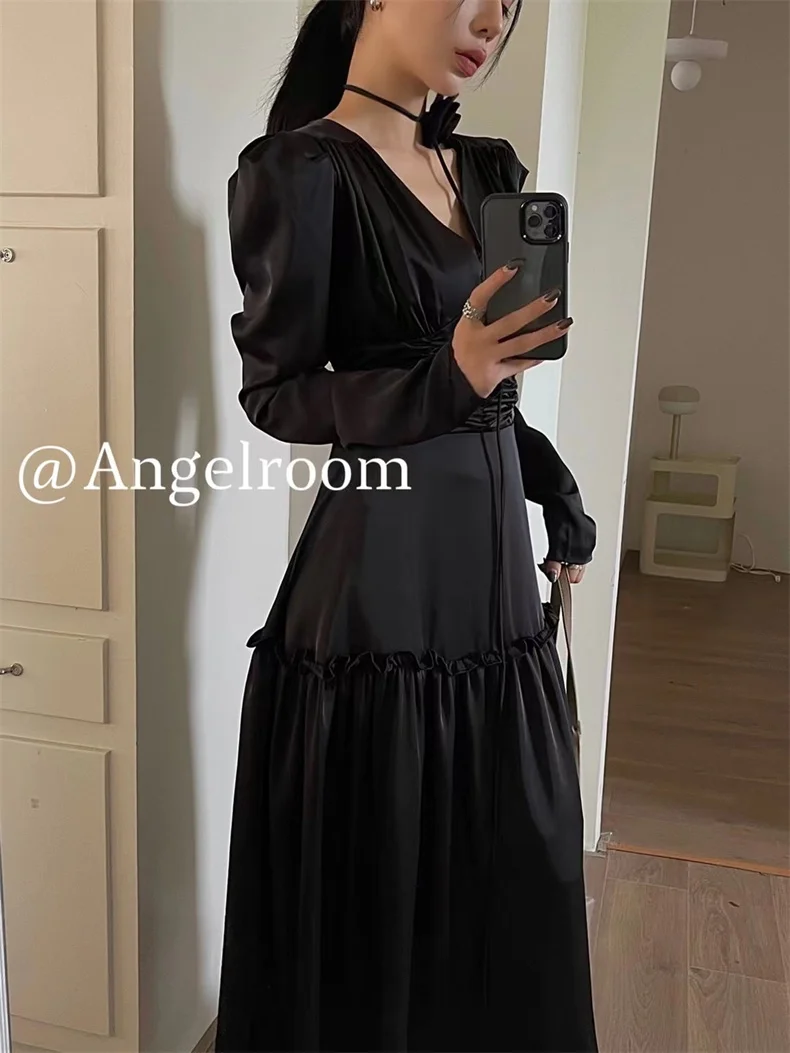 Autumn Satin Midi Dresses for Women Long Sleeve V-neck Folds Design A-line Korean Fashion Office Lady One Piece Vestidos New