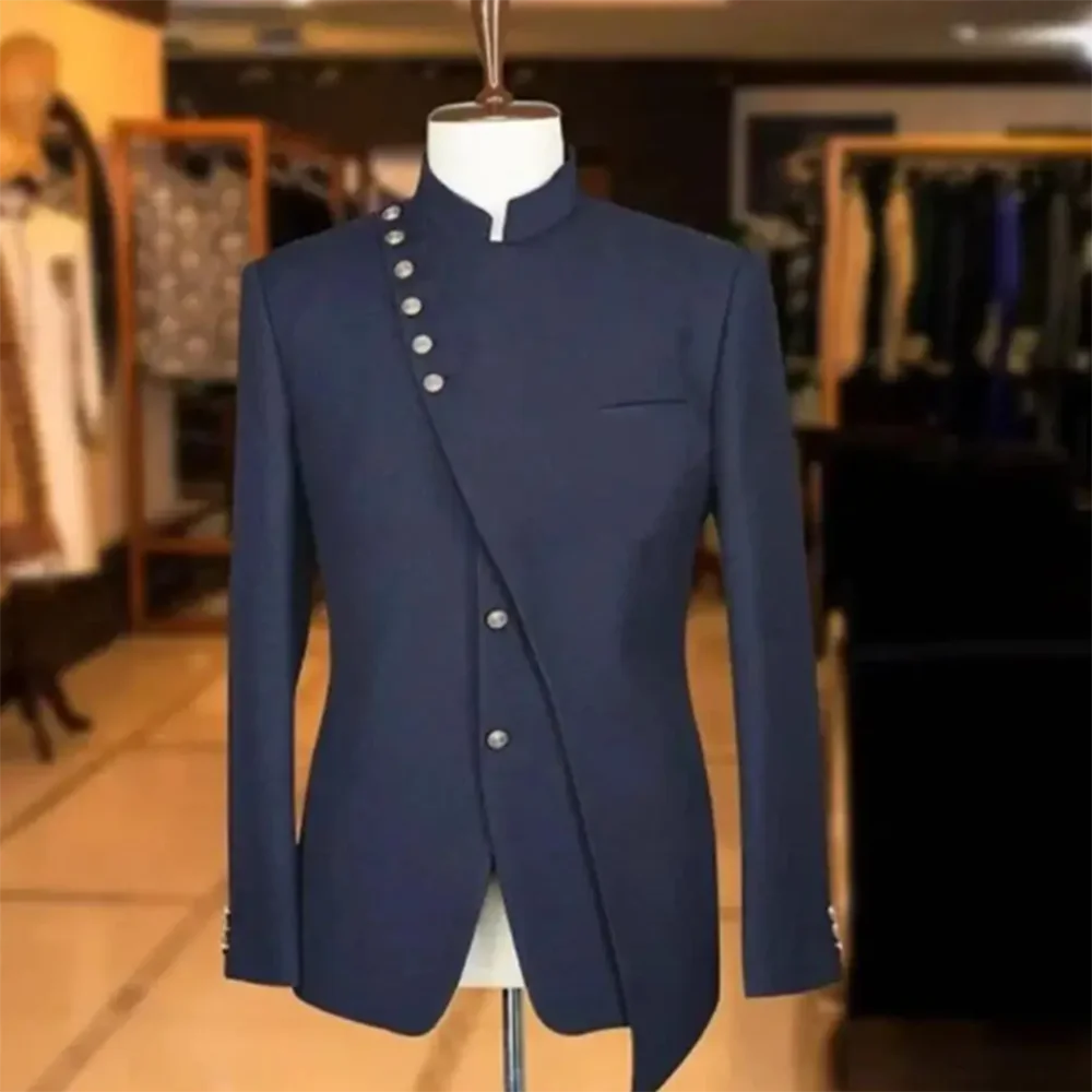 Luxury Navy Blue Jacket For Men Single Breasted Stand Collar One Piece Blazer Formal Casual Handsome Business Party Slim Fit