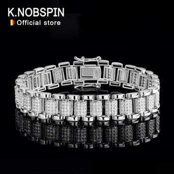 KNOBSPIN 10mm Moissanite Cuban Watch Bracelet Full Diamond GRA Solid 925 Silver Plated White Gold Tennis Bracelets for Women Man