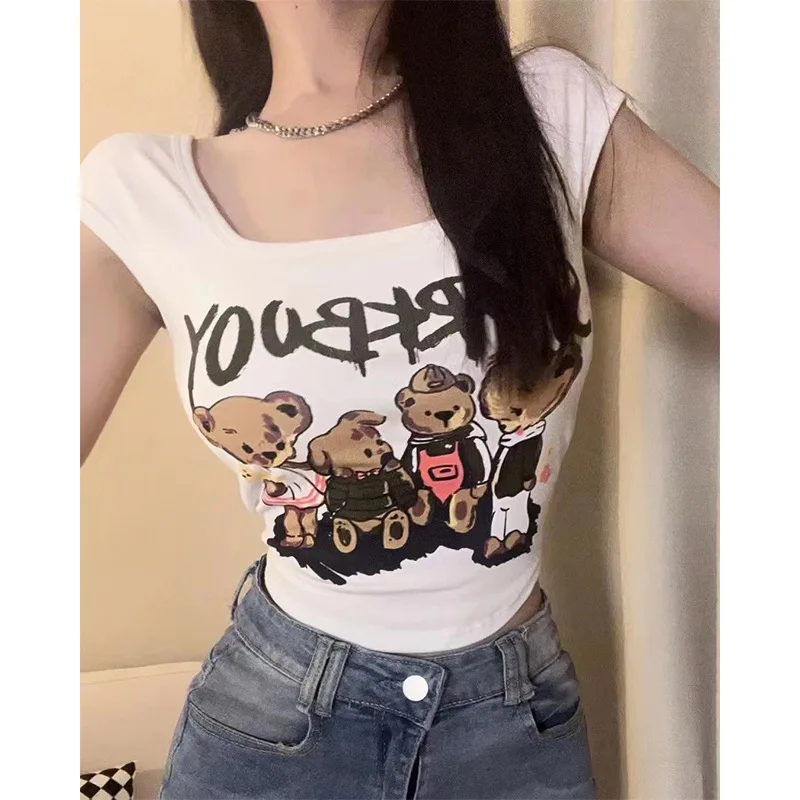 

Pure Desire Spicy Girl Cartoon Print Teddy Bear Vest With Chest Pad Wrapped Chest Exposed Back Bottom Top For Women