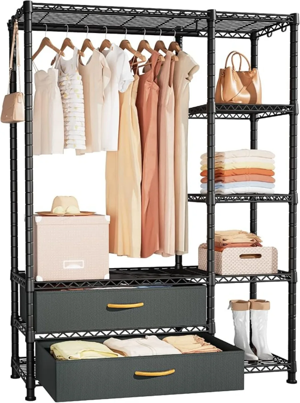 

Freestanding Closet Garment Rack, 5 Tiers Adjustable Heavy Duty Clothes Organizer Storage with 2 Fabric Drawers, Black