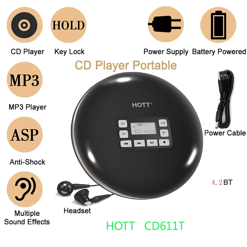 HOTT CD711T - Reproductor de CD portátil recargable con Bluetooth para  viajes en casa y automóvil con auriculares estéreo y protección antigolpes