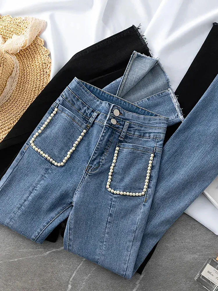 

Korean Fashion Double Button Pearl Decoration Split Flared Pants Spring Autumn Chic Slim Stretch Women Pants New Denim Trousers