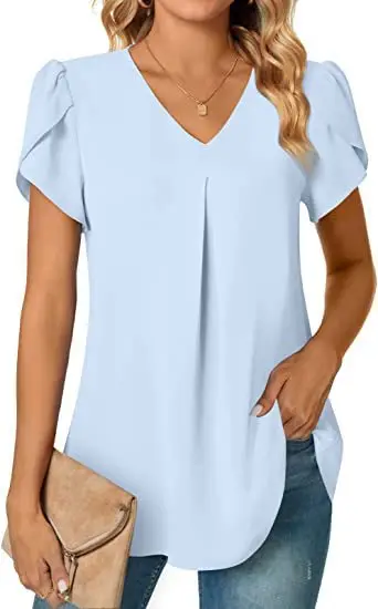 Elegantes Damen Top Bluse Blume 2024 Sommermode Einfachheit Kurzarm Solide V-Ausschnitt Pendler Büro Weibliches Hemd S-XXL