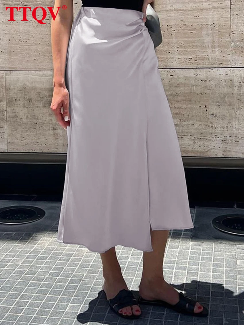 

TTQV Elegant Light Pink Satin Skirts For Women 2023 Fashion High Waisted Solid Skirts Autumn Straight Mid-Calf Skirt Streetwear