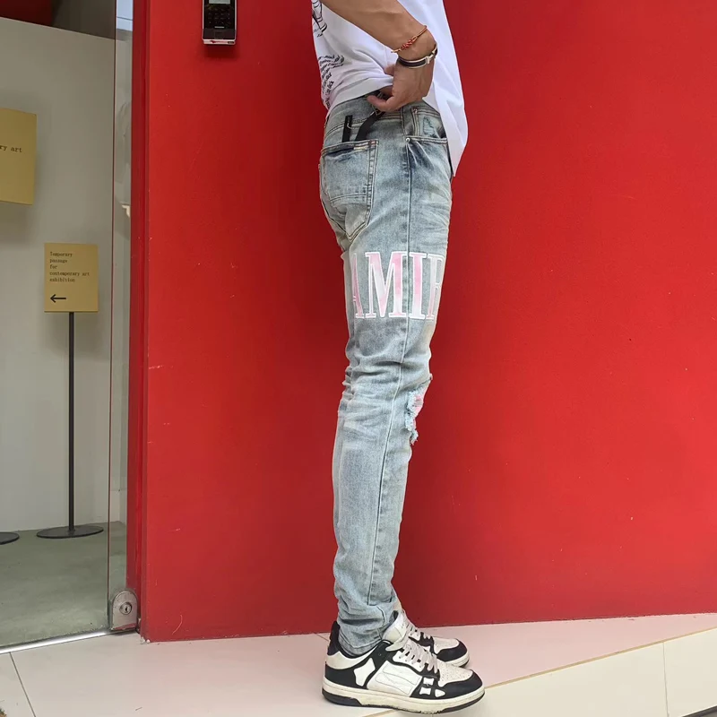 Latest Street Fashion Men's High Quality Jeans Vintage Elastic Slim Fit Split Letter Washed Blue Jeans Men's Designer Hip Hop Br