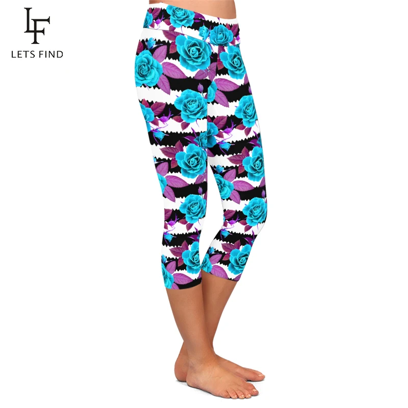 LETSFIND Summer Women Capri Leggings 3D Beautiful Flowers Print Digital Print High Waist Elastic Mid-Calf Leggings