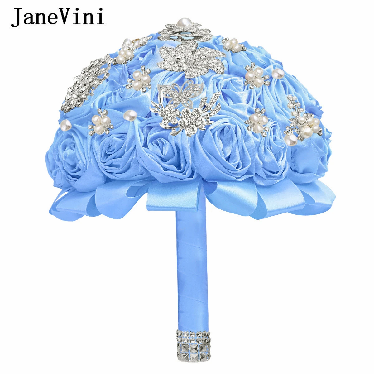 JaneVini Sage Green Silver Jewelry Bridal Wedding Bouquet Artificial Flowers Rhinestone Crystal Bouquet Bride Boeket Accessories