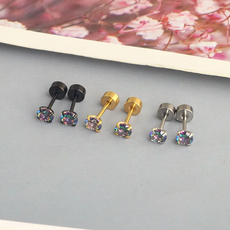 wholesales cartilage ear stud flat back screw cz crystal men ear stud clear rainbow color men earrings body piercings