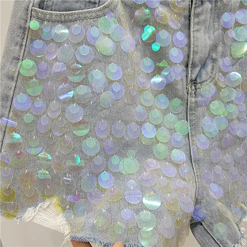Summer New High Waist A- Line Wide Leg Shorts Women Fashion Sequined Tassel Ripped Slimming Denim Shorts Sexy Girl Hot Pants