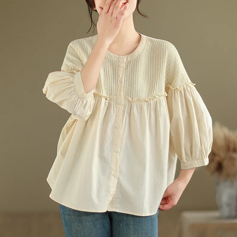 

2024 Women's Summer New Lantern Sleeve Stitching Shirt Sweet Ruffled Loose Cotton and Linen Shirt