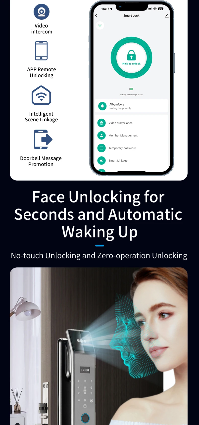 XSDTS Wifi Tuya APP Face Recognition Smart Door Lock with Camera Video Call Voice Intercom Digital Door Lock Automatic Door Lock