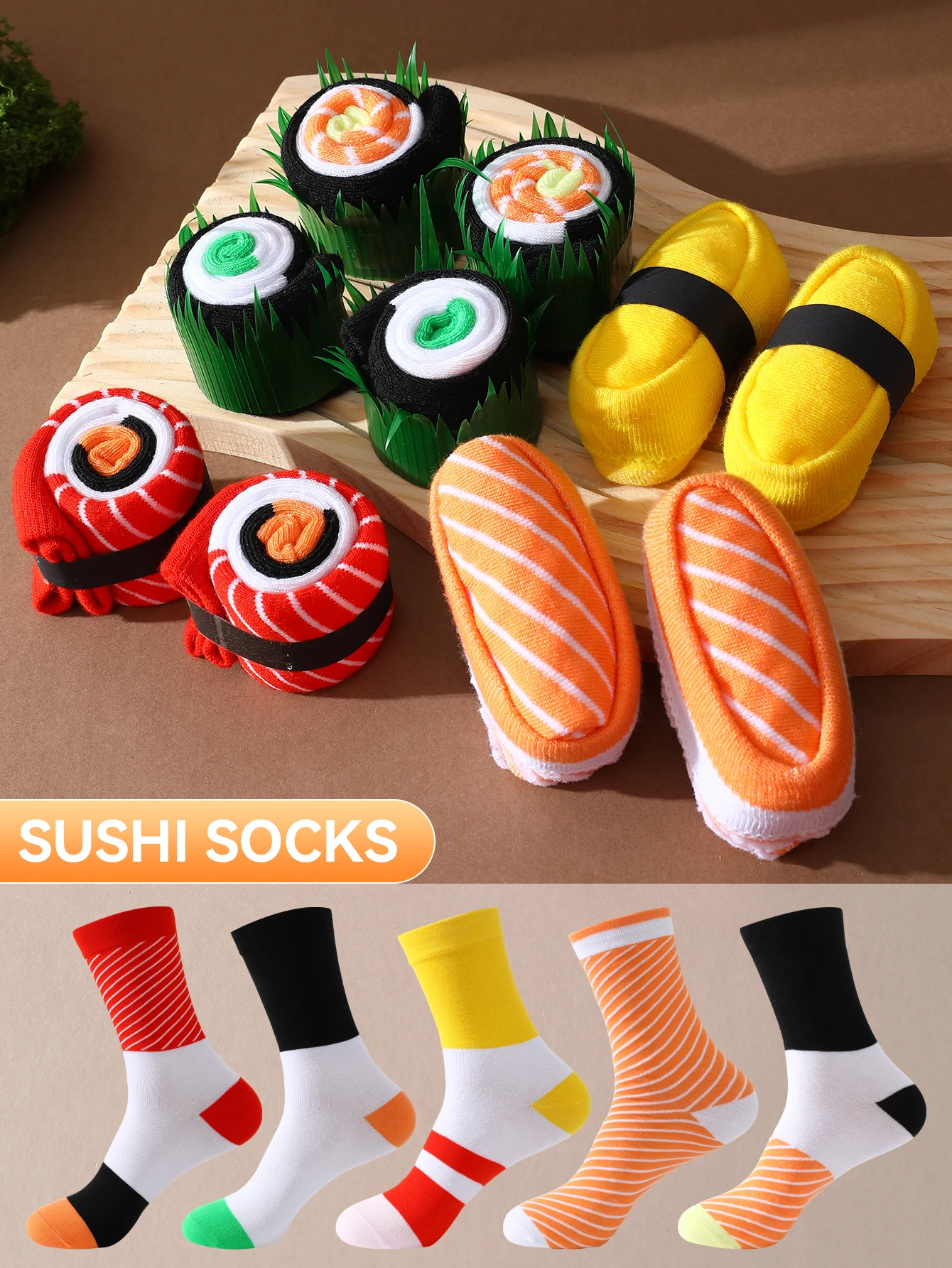Sushi Personalized Patterns Men's Women's Gift Socks Suitable for All Seasons 5 pairs