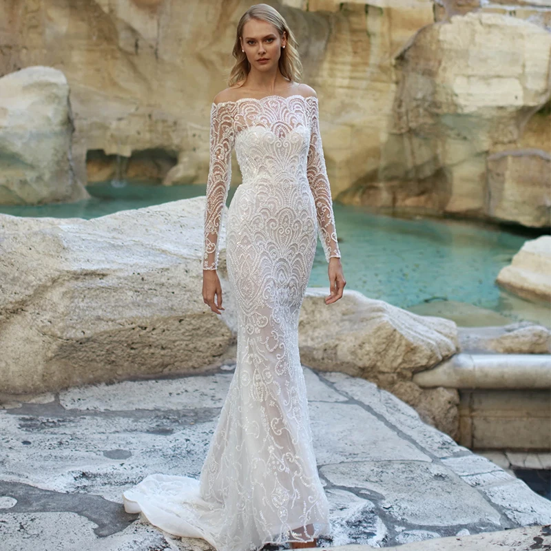 

Bohemian Boat Neckline Wedding Dresses Sequined Mermaid Bride Gown Illusion Embroidery Lace Long Sleeves Vestidos De Noiva