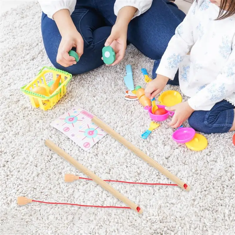 12Pcs/6pcs Wooden Magnetism Fishing Poles Wood Fishing Rod Early Educational toys Kindergarten Kids Puzzle Toys 15cm wooden fishing toys