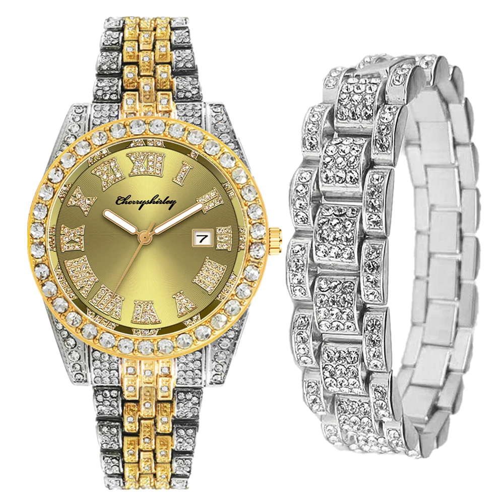 Full Iced Out Watches Men's Bracelet Green Water Ghost Bling Jewelry for Men Gold Wristwatch Hip Hop Women Set Clocks Boys Gifts