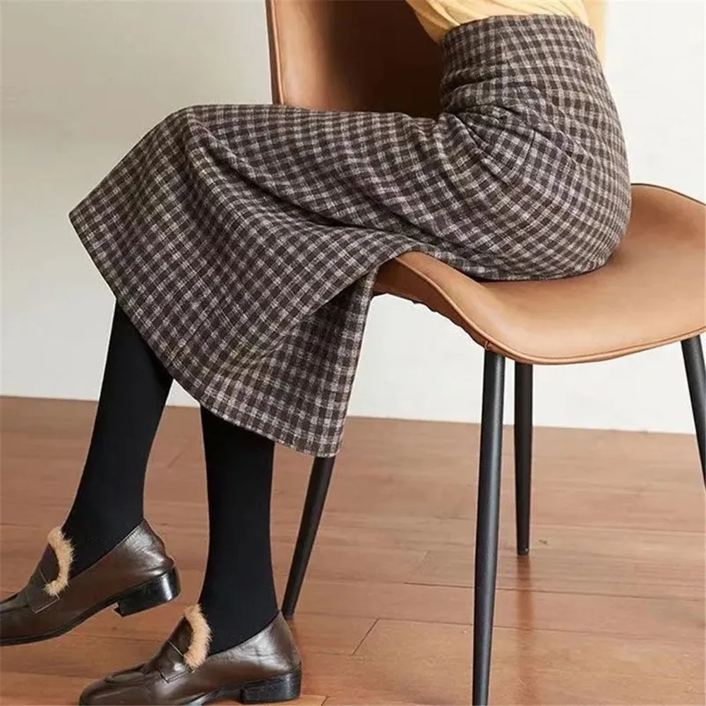 Y2k Slim Classic Plaid Midi Skirts Women Autumn Vintage Elegant Office Behind Slit Design All-match Harajuku Chic Fashion Skirts 5