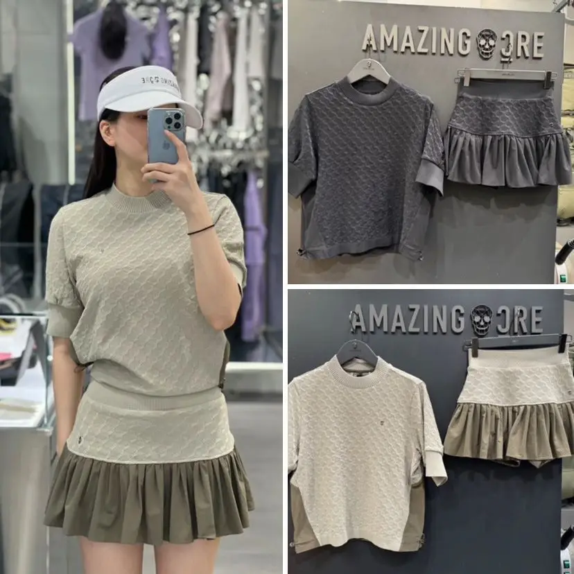 AMAZINGCRE New Women's Golf Outdoor Leisure Sports Short-sleeved Top Ruffle Edge Skirt Fashion Suit