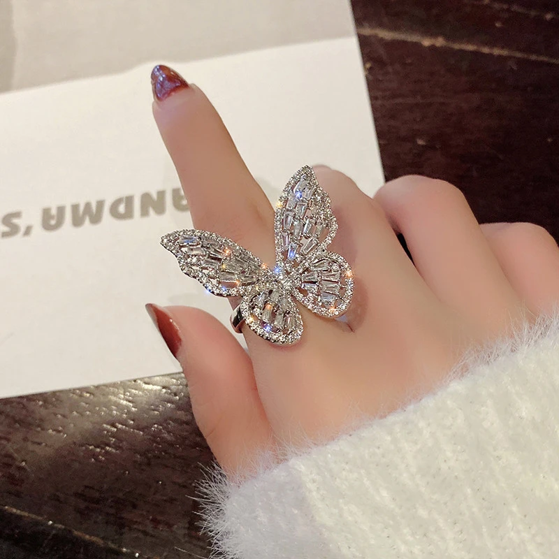 Anillo de lujo brillante para fiesta de cóctel para joyería con sortija de mariposa con circonita incrustada de cobre, joya de diseño|Anillos| - AliExpress