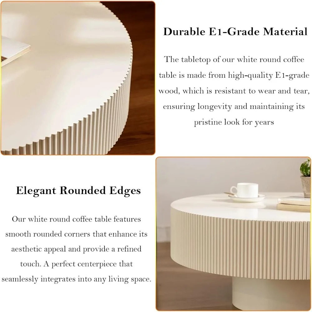 Modern Fluted Drum Coffee Table with Handcraft Embossed Edge Design & Stable & Sturdy Pedestal 3