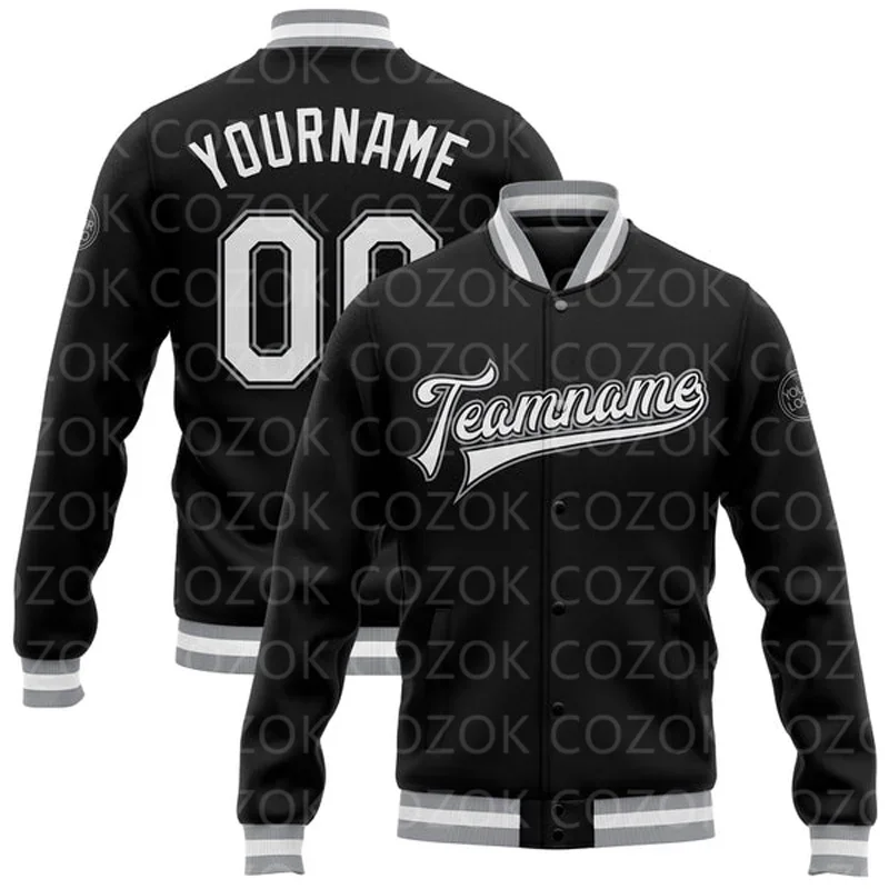 Custom Black Blue 3D Printed Baseball Button Jacket Bomber Full-Snap Varsity Letterman Jacket