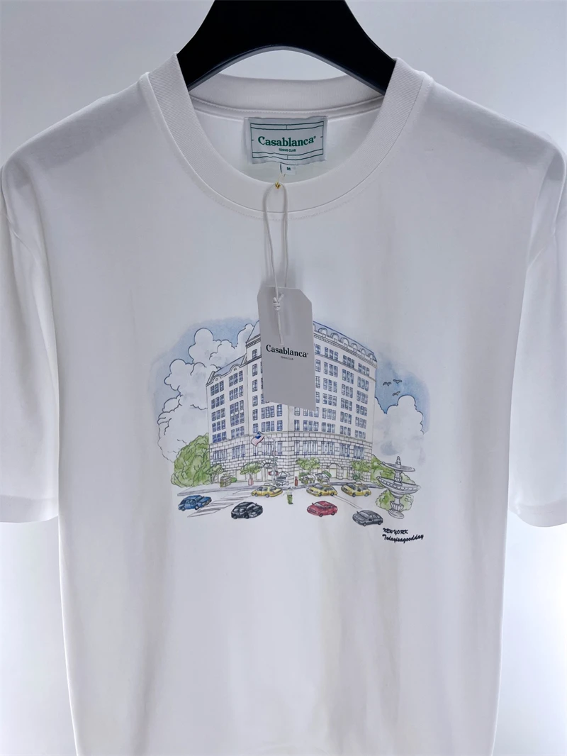 

23SS Round Neck Casablanca T Shirt Men Women 1:1 Best Quality Skyscraper Street View Pattern Top Tees Apex Legends