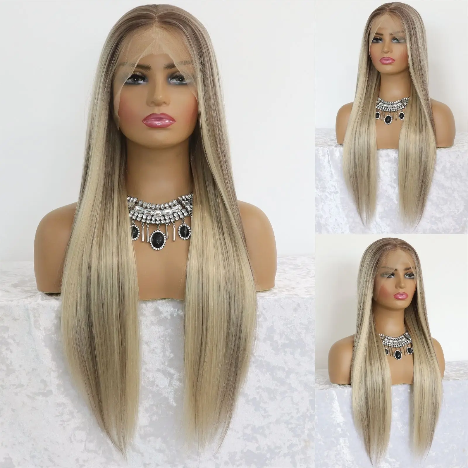 Highlight Ash Blonde 13×4 Lace Front Synthetic Wigs Long Straight Blonde with Brown Colorful Lace Front Wigs for Women
