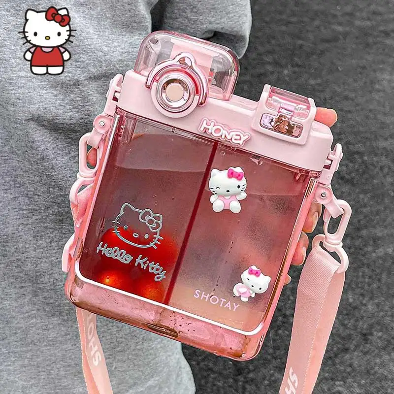 

700Ml Kawaii Hello Kitty MINISO Double Drinking Glass Square Water Cup Kuromi Pachacco Sippy Cup Large Capacity Student Portable
