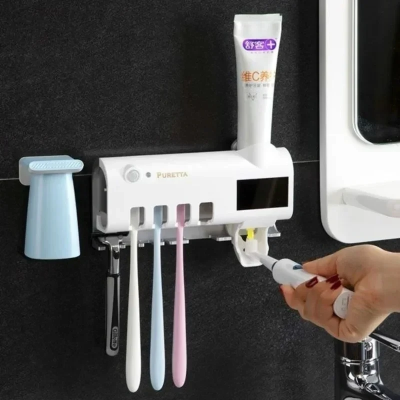 Bathroom Shower Storage Solar Energy UV Light Toothbrush Sterilizer Holder Automatic Toothpaste Squeezers Dispenser for Home